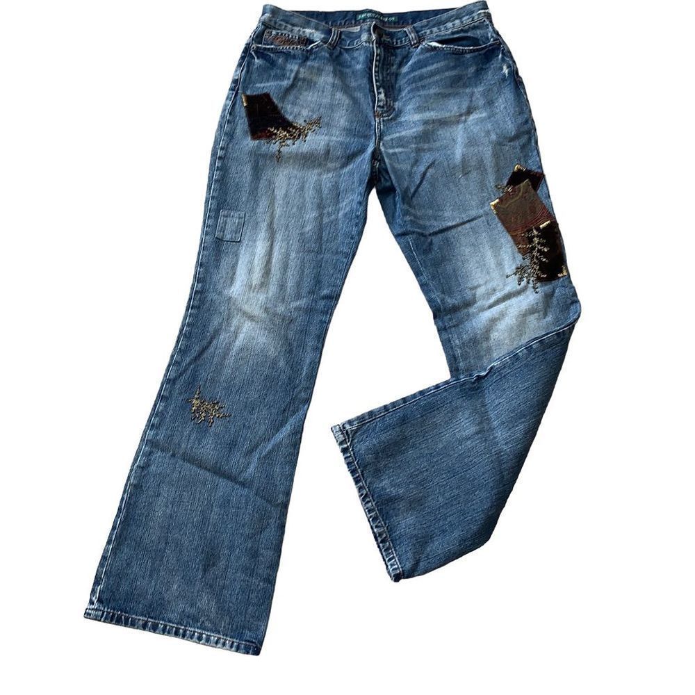 Lauren Ralph Lauren Velvet Beaded Patchwork Distressed Jeans Size 10